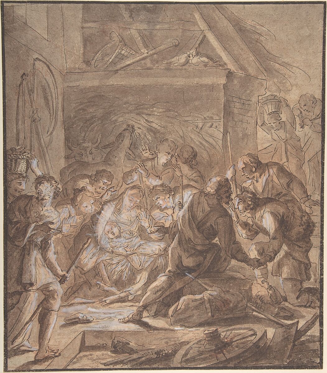 Adoration of the Shepards, Johann Daniel Preissler (German, Nuremberg 1666–1737 Nuremberg), Pen and black ink, brown wash and white heightening over red chalk 