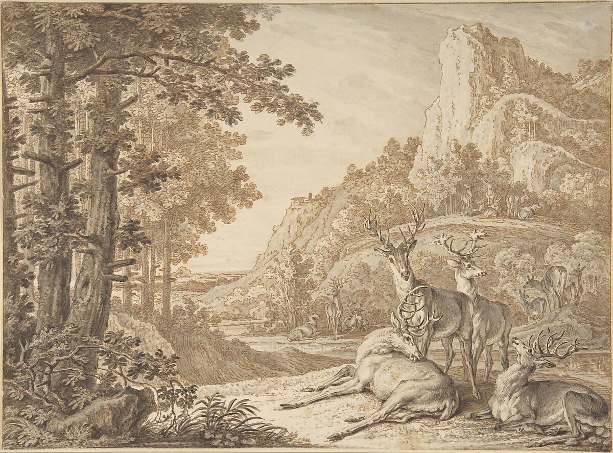Stags in a Landscape, Johann Elias Ridinger (German, Ulm 1698–1767 Augsburg), Pen and brown ink, brush and brown wash 