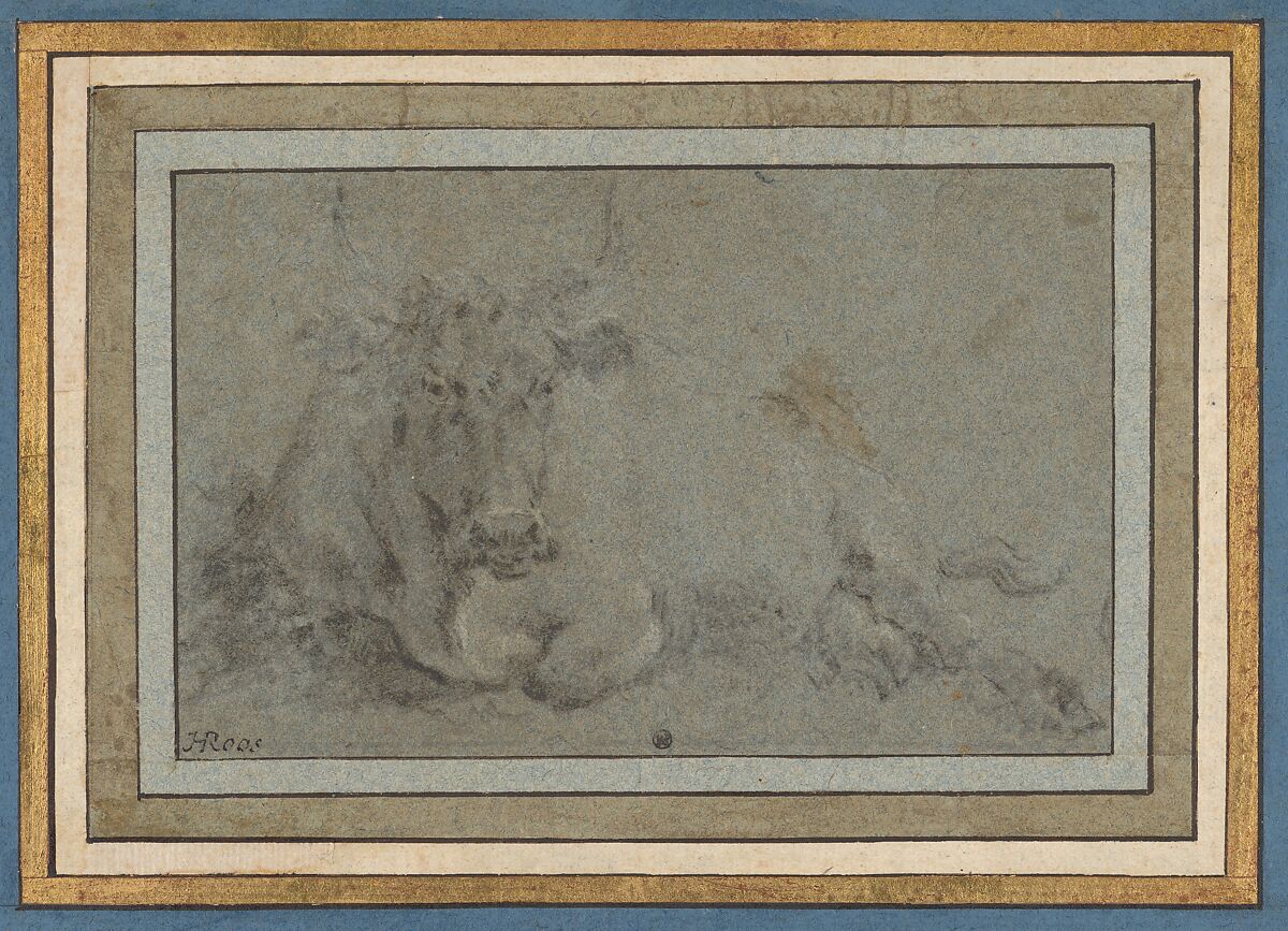 Study of a Cow, Attributed to Johann Heinrich Roos (German, Reipoltskirchen 1631–1685 Frankfurt am Main), Black chalk, heightened with white on blue paper 