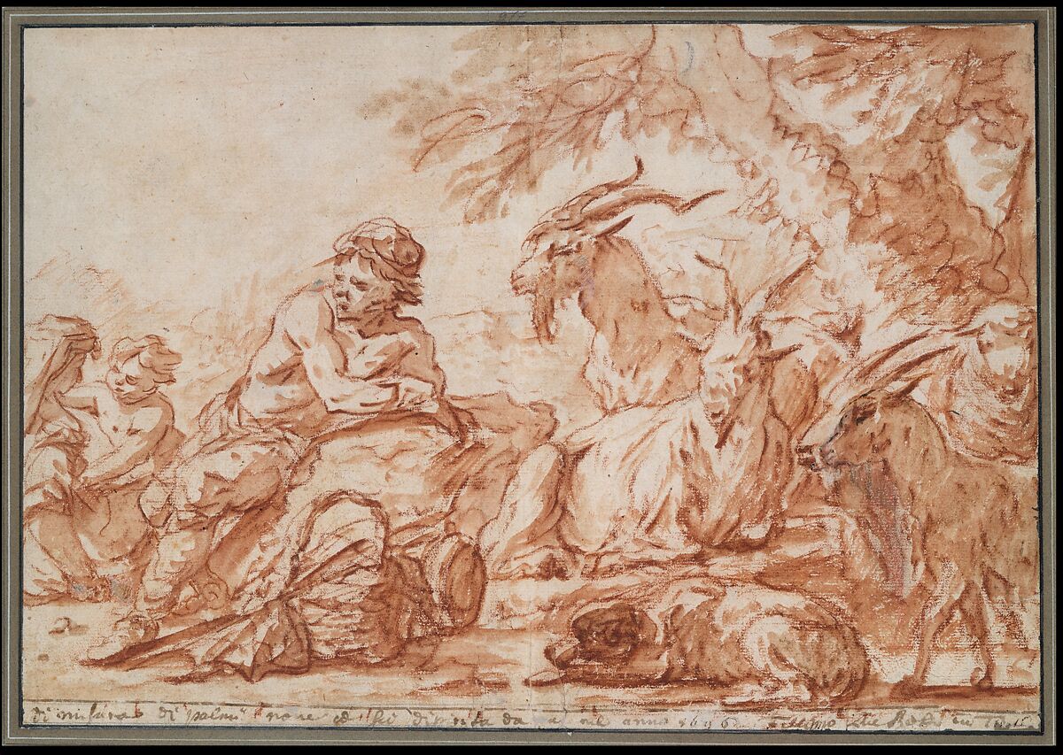 Pastoral Scene: A Herdsman and His Family, with Goats, Philipp Peter Roos (German, St. Goar 1657–1706 Rome), Red chalk, brush and red and brown wash, with traces of pen and black ink 