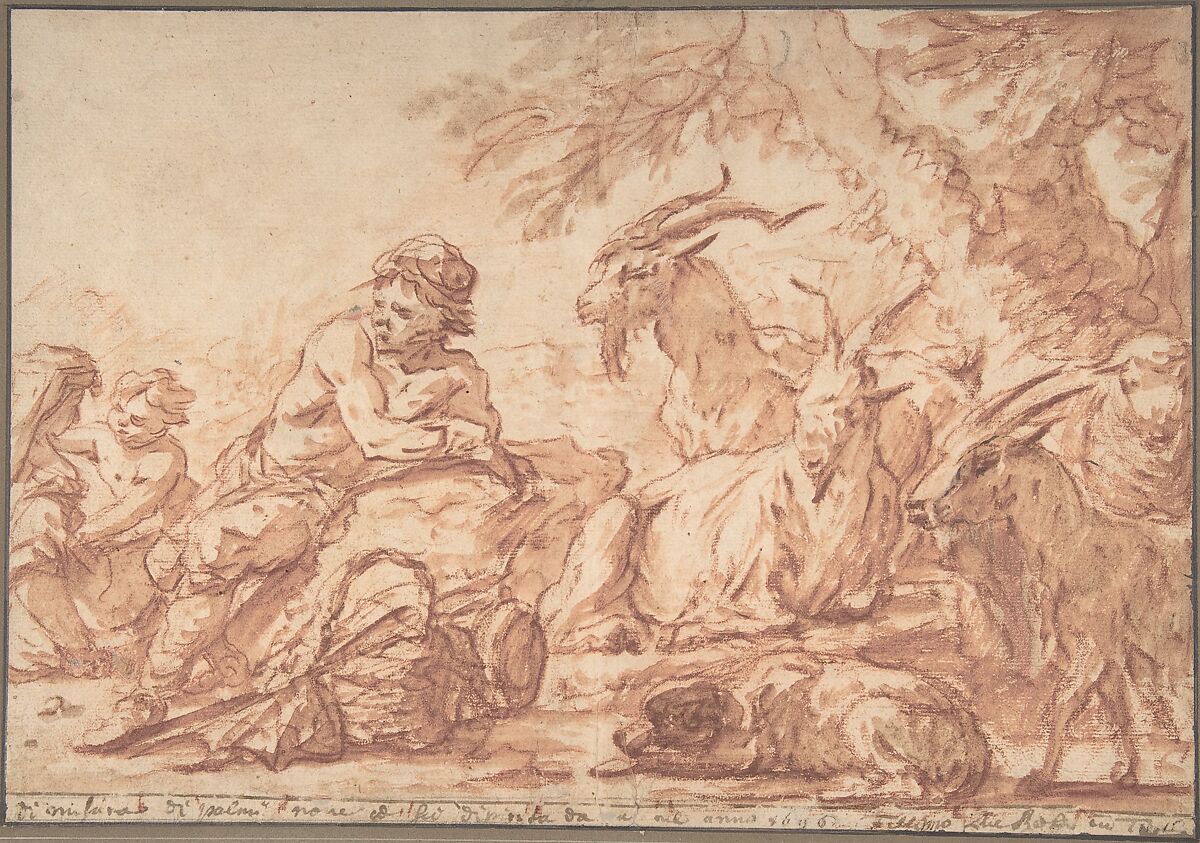Pastoral Scene: A Herdsman and His Family, with Goats, Philipp Peter Roos (German, St. Goar 1657–1706 Rome), Red chalk, brush and red and brown wash, with traces of pen and black ink