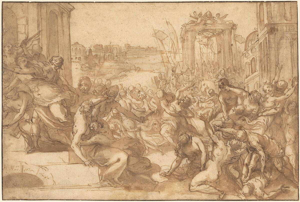 Rape of the Sabines, Hans Rottenhammer I (German, Munich 1564–1625 Augsburg), Pen and brown ink, brown wash over black chalk 