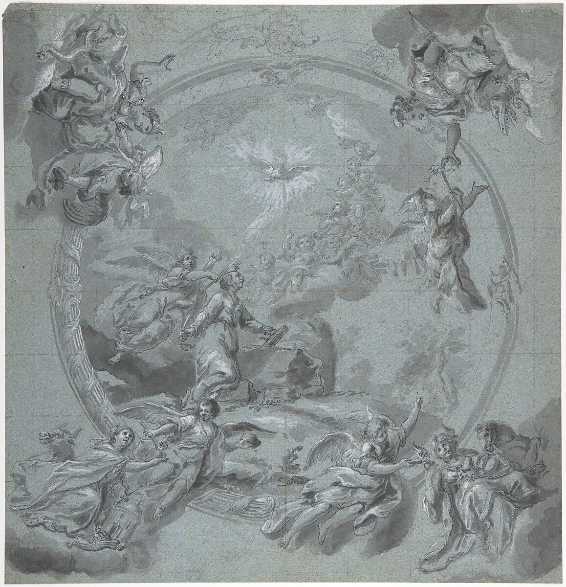Saint Ignatius of Loyola and Allegories of the Four Continents, Felix Anton Scheffler (German, Munich 1701–1760 Prague), Pen and black ink, gray wash, heightened with white, over black chalk, on blue paper 