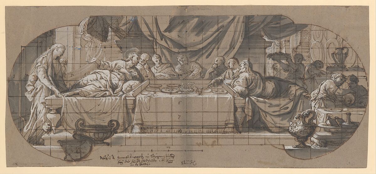 Feast in the House of Simon, Melchior Steidl (Austrian, Innsbruck 1657–1727 Munich), Pen and brown ink over red chalk and gray wash, heightened with white gouache, on brown paper; squared in pen and brown ink 