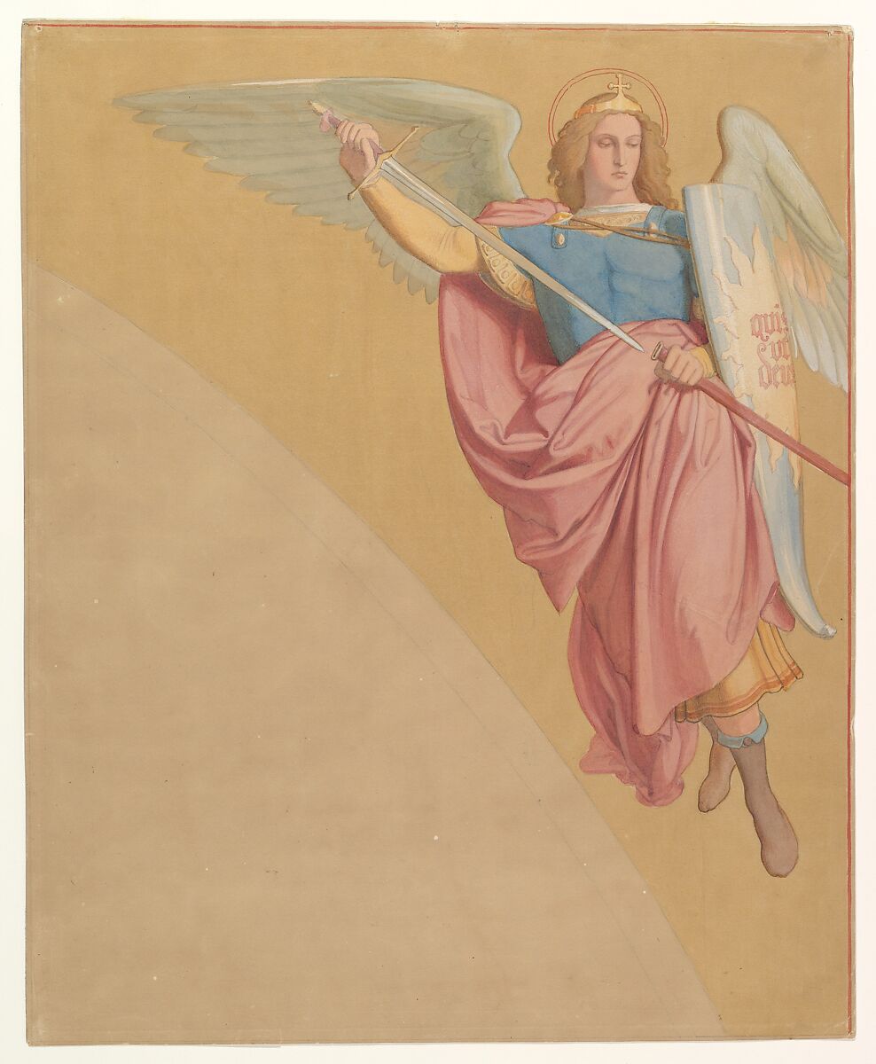 Decoration of an Arch: Archangel with a Sword, Eduard Jakob von Steinle (Austrian, Vienna 1810–1886 Frankfurt am Main), Watercolor over black chalk, gold paint; framing line in black chalk with reddish-orange watercolor along the top and right edges; two arched lines impressed in paper, lower left 