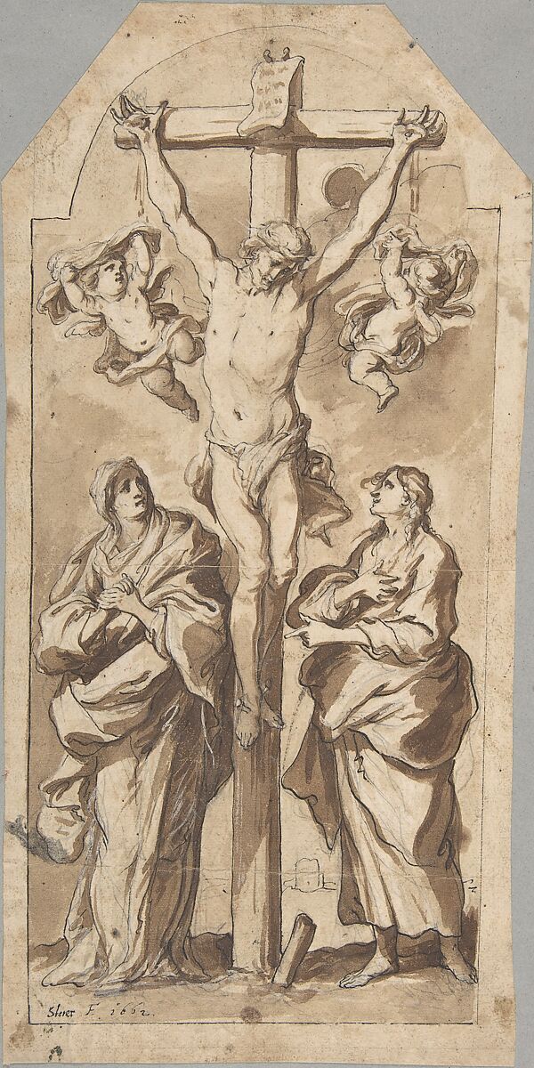 Christ on the Cross Between Mary and Saint John, Johann Christophorus Storer (German, Konstanz ca. 1611/1620–1671 Konstanz/Milan (?)), Pen and black ink, brush and brown wash, heightened with white over black chalk. 