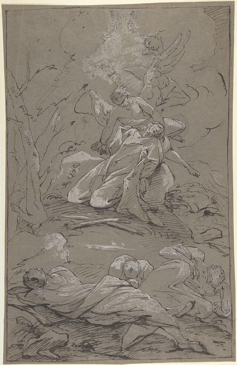 Christ in the Garden of Gethsemane, Paul Troger (Austrian,  Welsberg 1698–1762 Vienna), Pen and black ink, heightened with white gouache on gray paper.  White oxidized. 