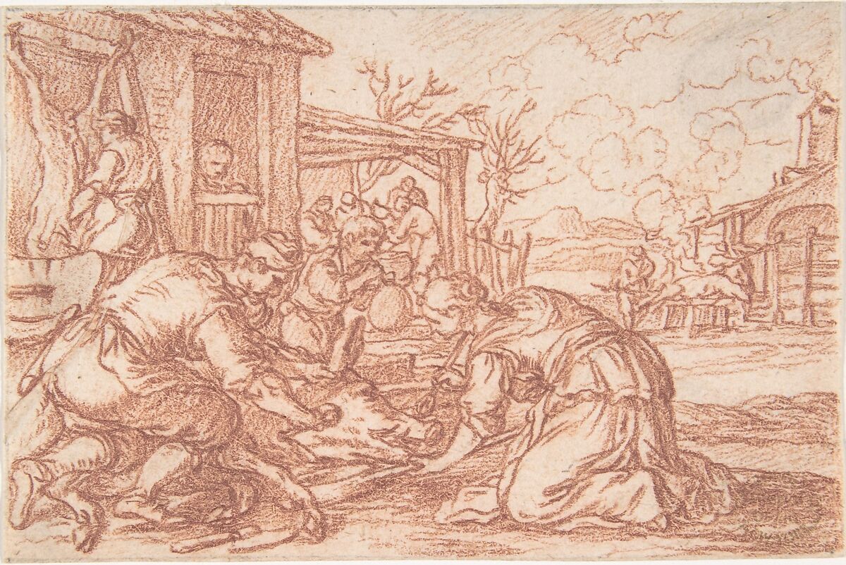 December (one of a series representing the labors of the months), Jonas Umbach (German, Augsburg 1624–1693 Augsburg), Red chalk 