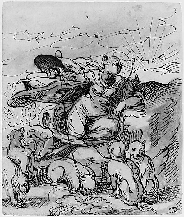 Diana Resting with Her Hounds (recto); Flora Seated by a Vase with Two Harks on the Ground, after Jost Amman (verso), Hermann Weyer (German, Coburg 1596–ca. 1621 Coburg), Pen and black ink and gray (olive) wash (recto); pen and gray ink (verso)