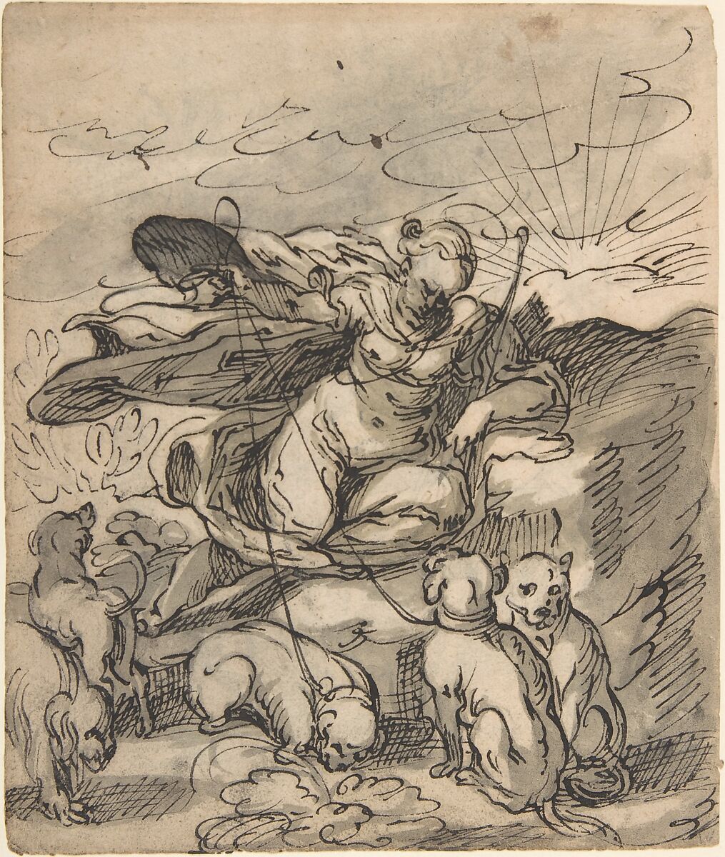 Recto: Diana Resting with Her Hounds; Verso: Flora Seated by a Vase with Two Harks on the Ground, after Jost Amman, Hermann Weyer (German, Coburg 1596–ca. 1621 Coburg), Recto: pen and black ink and gray (olive) wash; Verso: pen and gray ink 
