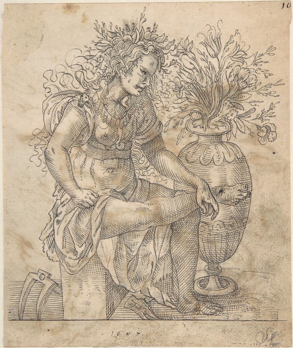 Diana Resting with Her Hounds (recto); Flora Seated by a Vase with Two Harks on the Ground, after Jost Amman (verso), Hermann Weyer (German, Coburg 1596–ca. 1621 Coburg), Pen and black ink and gray (olive) wash (recto); pen and gray ink (verso)