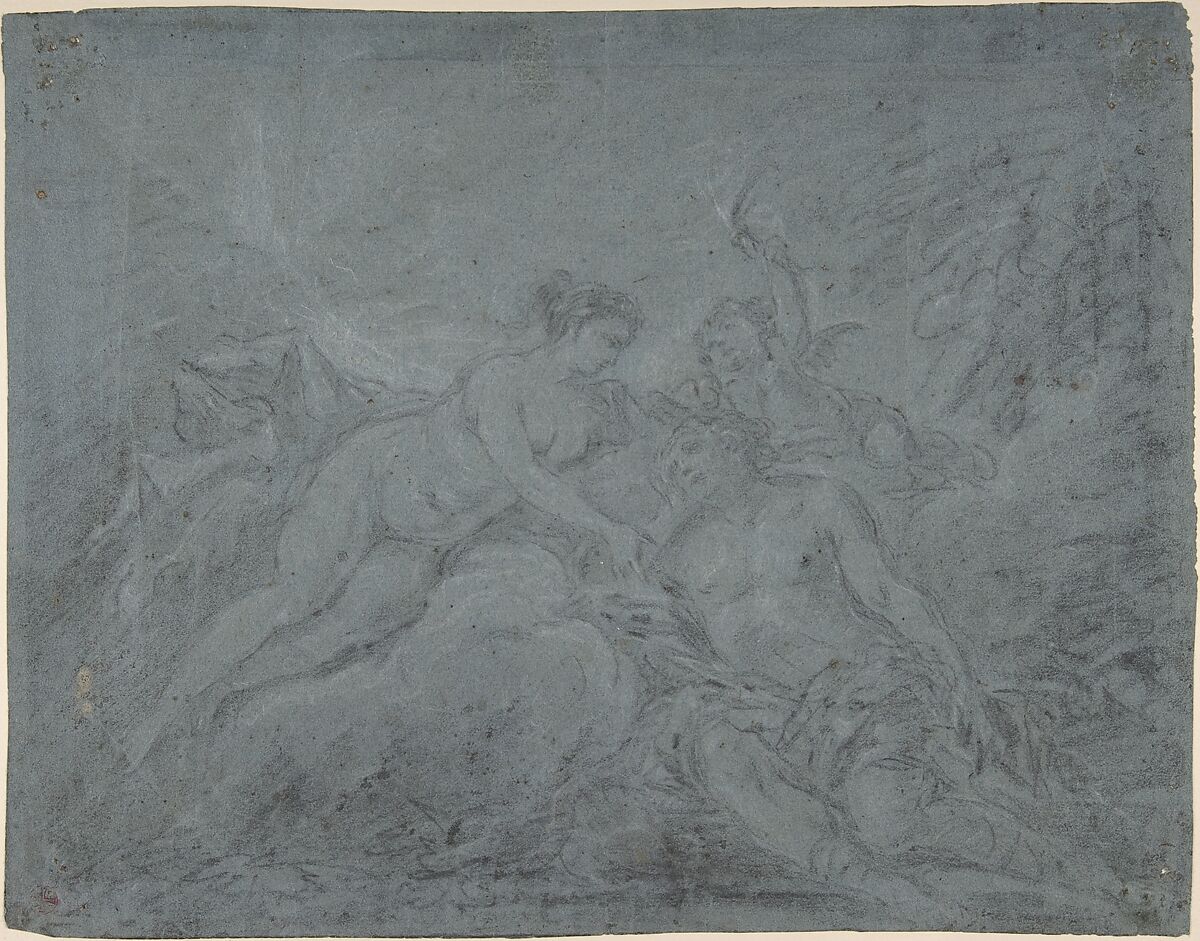 Diana and Endymion, Januarius Zick (German, Munich before 1730–1797 Ehrenbreitstein), Black and white chalk on blue paper 