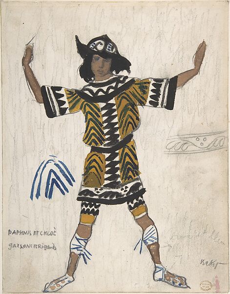 Costume design for a Brigand Boy in the Ballet 'Daphnis and Chloé', performed at the Théâtre du Châtelet in Paris, 1912, Léon Bakst (Russian, Grodno 1866–1924 Paris), Watercolor and lead pencil 