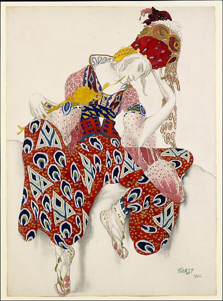 Costume Study for Vaslav Nijinsky in the Role of Iksender in the Ballet "La Péri" (The Flower of Immortality), first performed in Paris, 1912, Léon Bakst (Russian, Grodno 1866–1924 Paris), Watercolor and gold and silver paints over graphite 