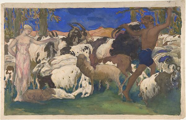 Landscape with Shepherds, Set Design for the Ballet 'Daphnis and Chloé', performed at the Théâtre du Châtelet in Paris, 1912, Léon Bakst (Russian, Grodno 1866–1924 Paris), Watercolor 