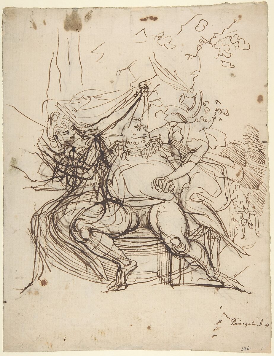 Falstaff with Mrs. Ford and Mrs. Page (Shakespeare, The Merry Wives of Windsor, Act 5, Scene 5), Henry Fuseli (Swiss, Zürich 1741–1825 London), Pen and brown ink over faint graphite 