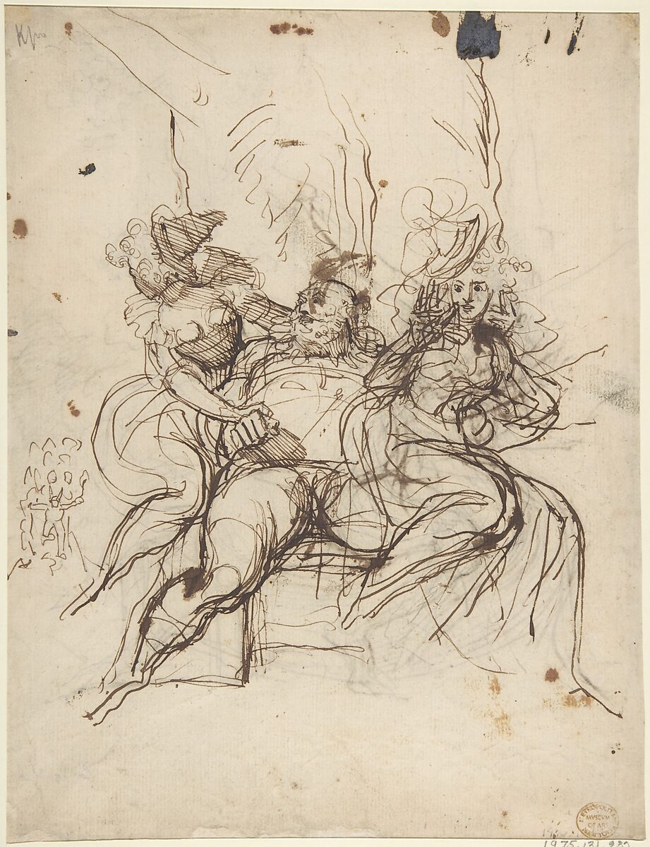 Falstaff with Mrs. Ford and Mrs. Page (Shakespeare, The Merry Wives of Windsor, Act 5, Scene 5), Henry Fuseli (Swiss, Zürich 1741–1825 London), Pen and brown ink over faint graphite