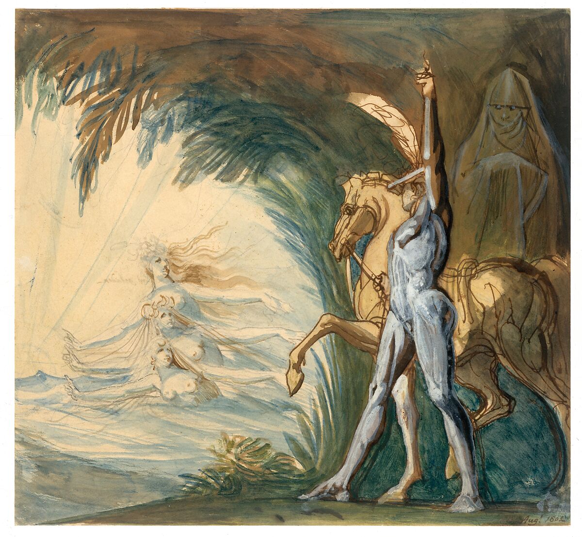 Hagen and the Nymphs of the Danube, Henry Fuseli (Swiss, Zürich 1741–1825 London), Graphite, pen and brown ink, watercolor and gouache on cream wove paper 