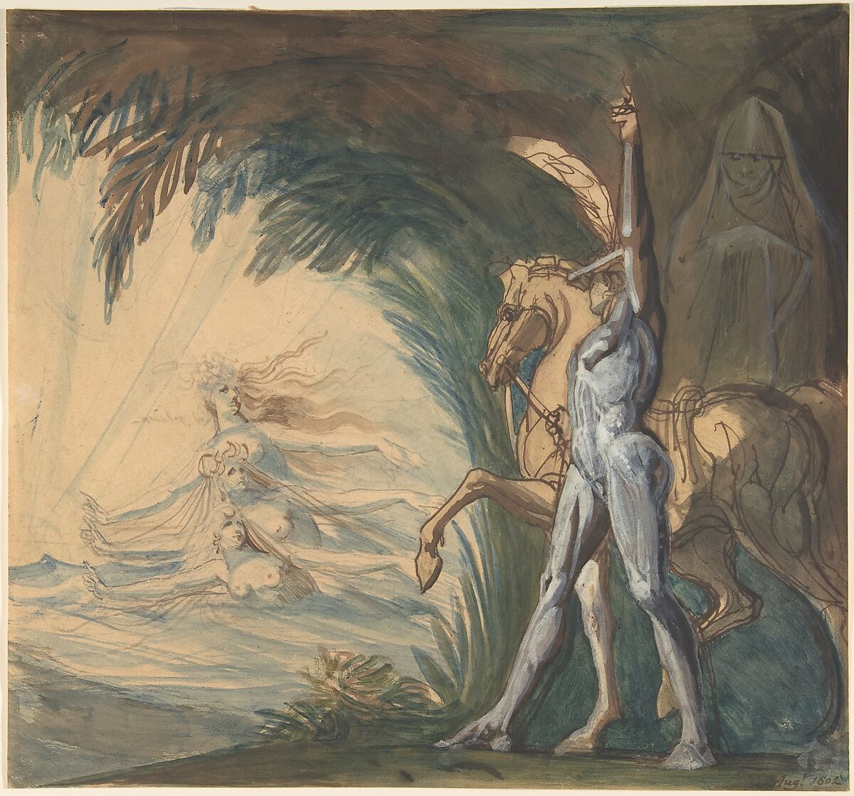 Hagen and the Nymphs of the Danube, Henry Fuseli (Swiss, Zürich 1741–1825 London), Graphite, pen and brown ink, watercolor and gouache on cream wove paper