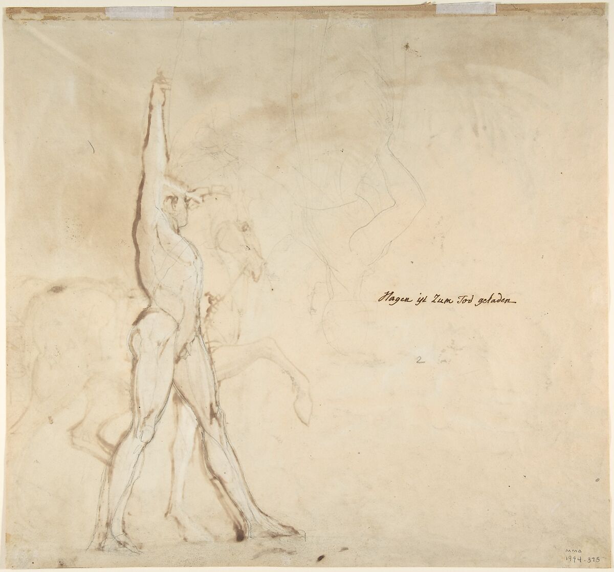 Hagen and the Nymphs of the Danube, Henry Fuseli (Swiss, Zürich 1741–1825 London), Graphite, pen and brown ink, watercolor and gouache on cream wove paper