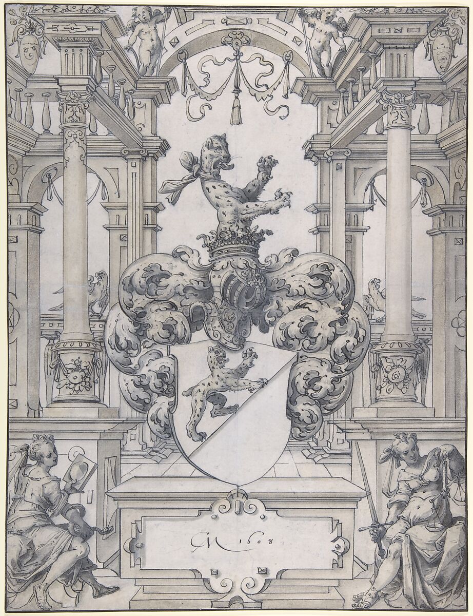 Design for a Stained Glass Window, Christoph Murer (Swiss, Zurich 1558–1614 Winterthur), Pen and black ink, gray and light brown-gray wash 