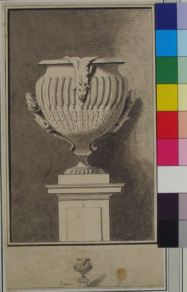 Study for Plate 7 of Bouchardon's "Second livre de vases", Circle of Edme Bouchardon (French, Chaumont 1698–1762 Paris), Pen and black ink, brush and gray wash; framing lines; red chalk line along vertical center
