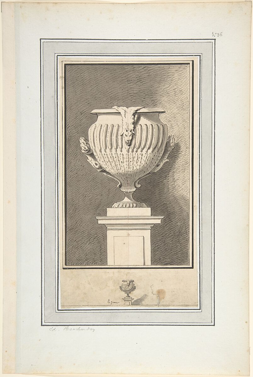 Study for Plate 7 of Bouchardon's "Second livre de vases", Circle of Edme Bouchardon (French, Chaumont 1698–1762 Paris), Pen and black ink, brush and gray wash; framing lines; red chalk line along vertical center 