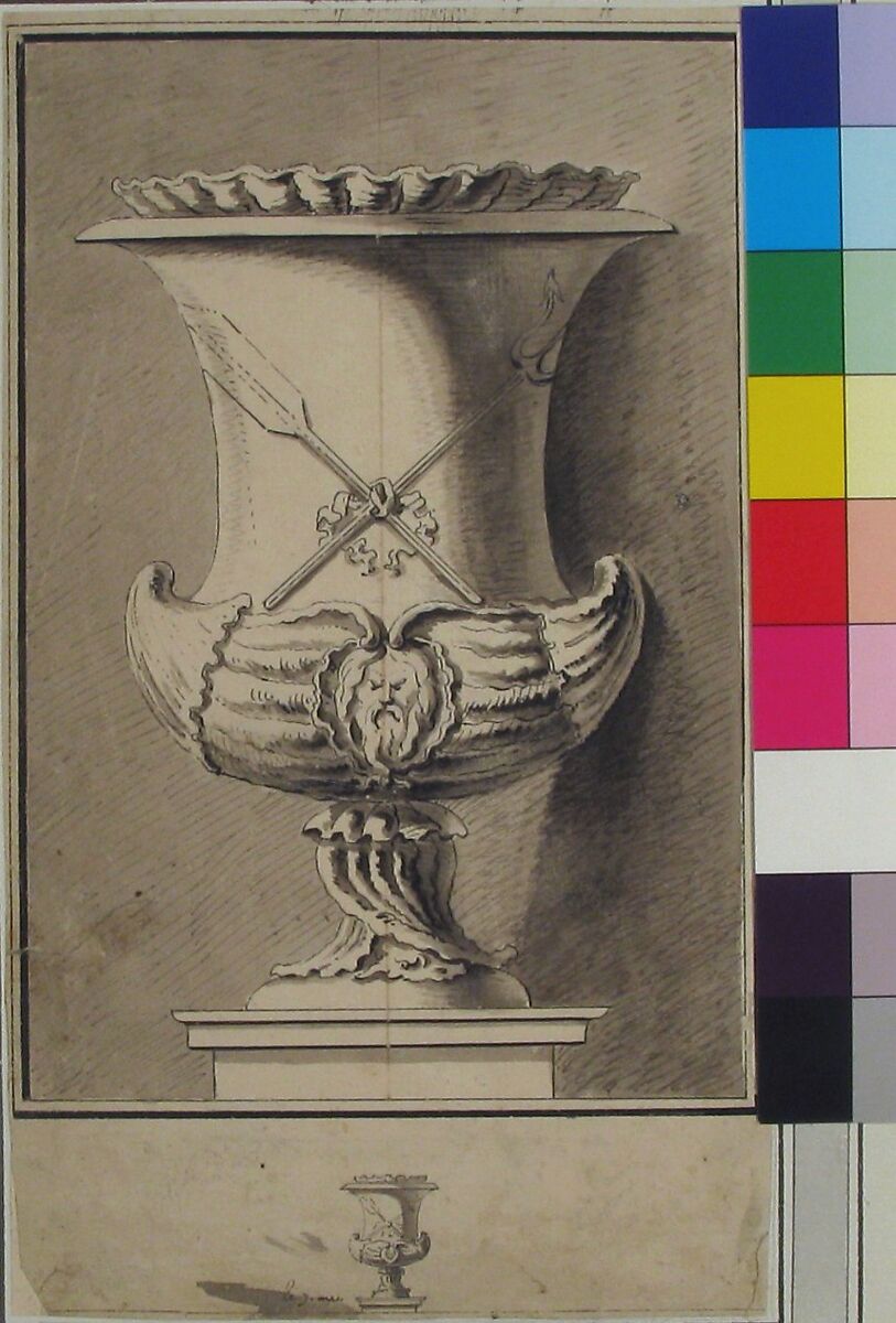 Study for Plate 7 of Bouchardon's "Premier livre de vases", Circle of Edme Bouchardon (French, Chaumont 1698–1762 Paris), Pen and black ink, brush and gray wash; framing lines in pen and ink; red-chalk line along vertical center