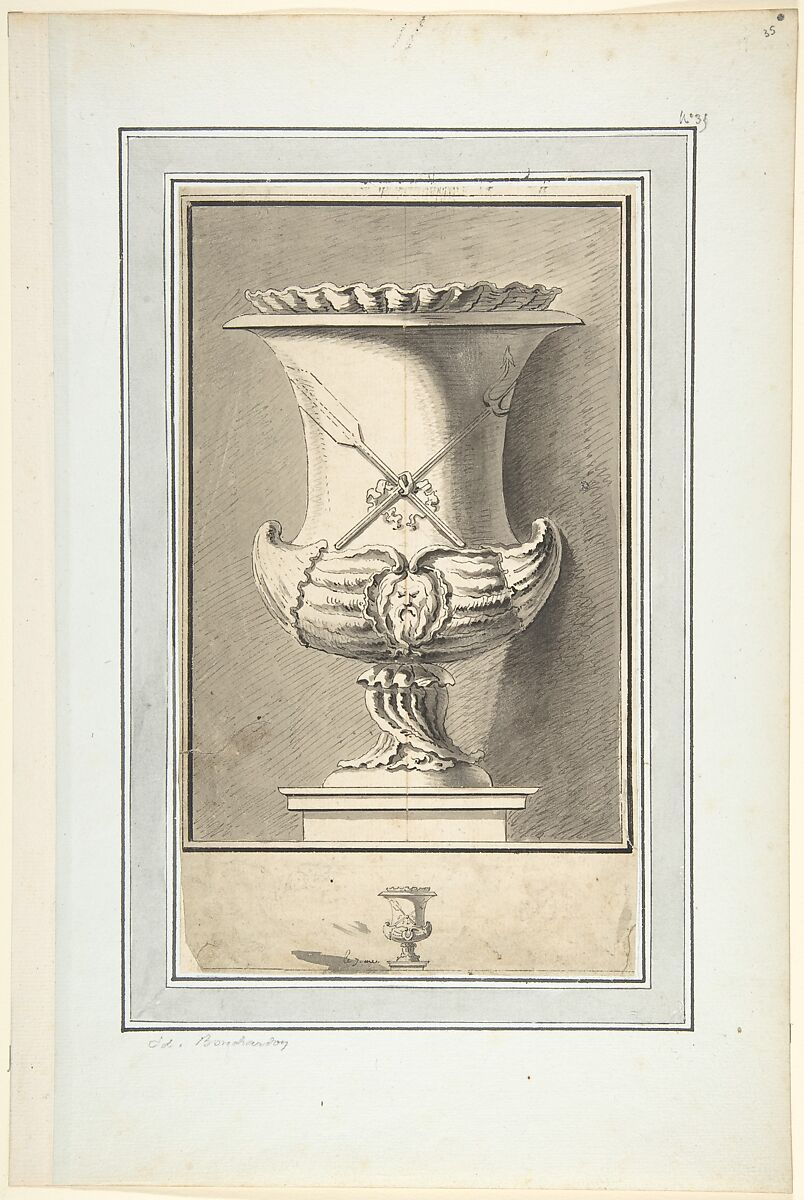 Study for Plate 7 of Bouchardon's "Premier livre de vases", Edme Bouchardon  French, Pen and black ink, brush and gray wash; framing lines in pen and ink; red-chalk line along vertical center