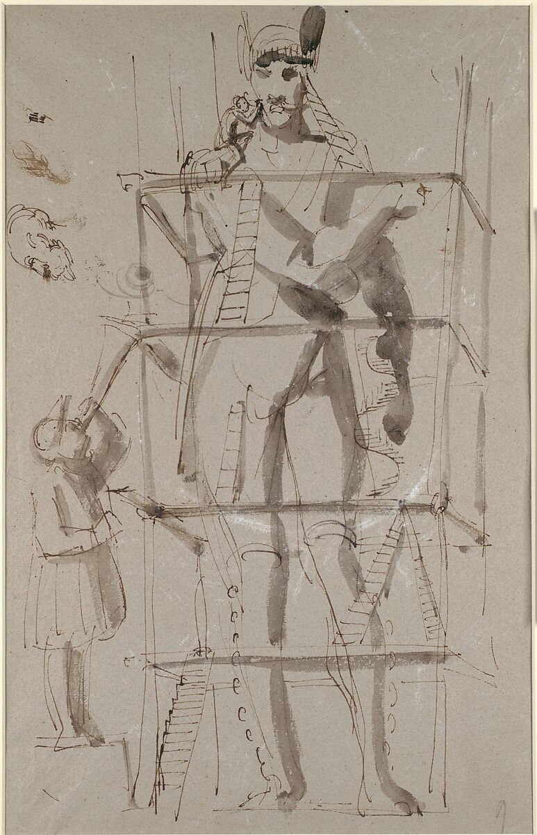 Sculptor at Work on a Colossal Statue, Carl August Ehrensvärd (Swedish, 1745–1800), Pen and brown ink, brush and gray wash, white  gouache