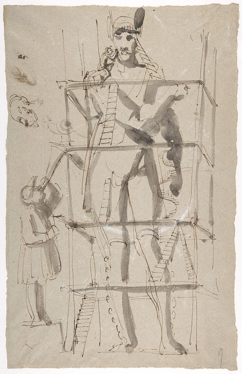 Sculptor at Work on a Colossal Statue, Carl August Ehrensvärd (Swedish, 1745–1800), Pen and brown ink, brush and gray wash, white  gouache, on gray paper. 