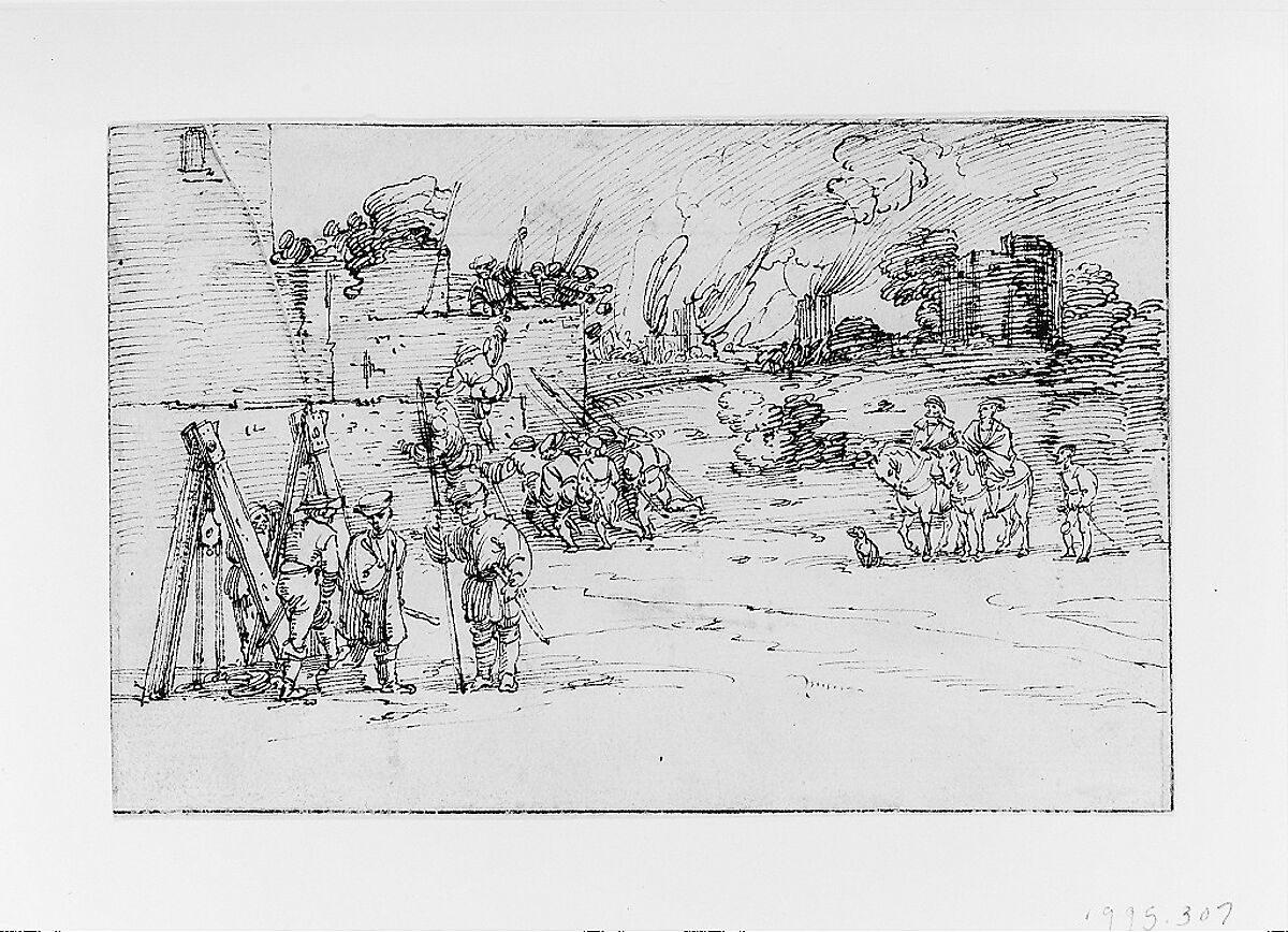 Soldiers Besieging a Castle, Anonymous, Swiss, 16th Century, Pen and brown ink; framing lines in pen and brown ink