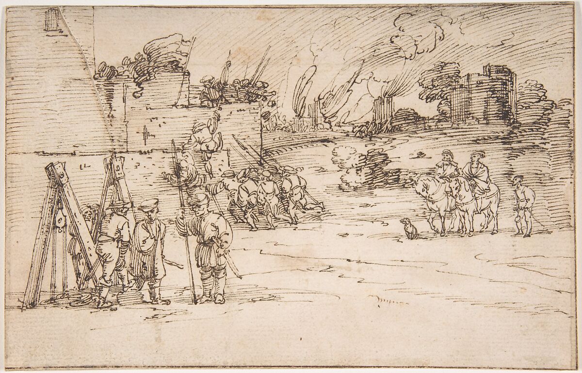 Soldiers Besieging a Castle, Anonymous, Swiss, 16th Century, Pen and brown ink; framing lines in pen and brown ink 