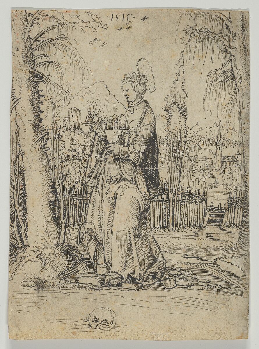 Saint Barbara in a Landscape, Anonymous, Swiss, 16th Century (?), Pen and black ink 