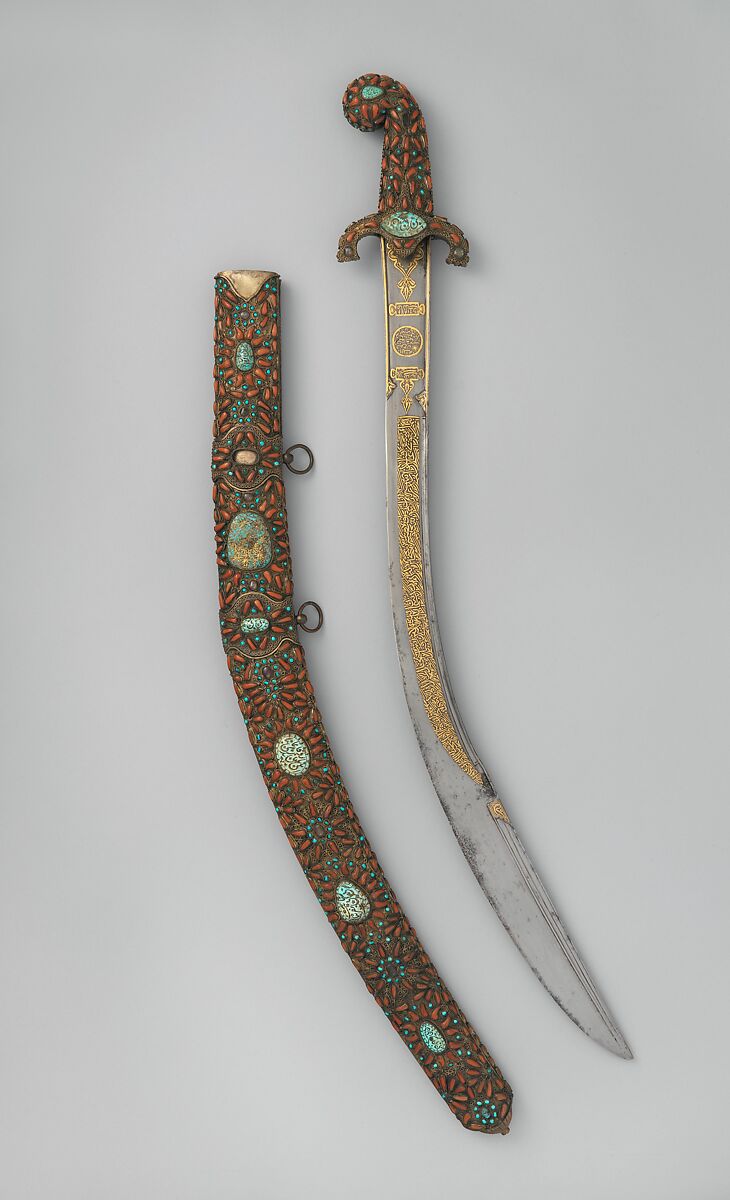 Sword (Kilij) with Scabbard, Steel, copper, coral, gold, turquoise, Turkish 