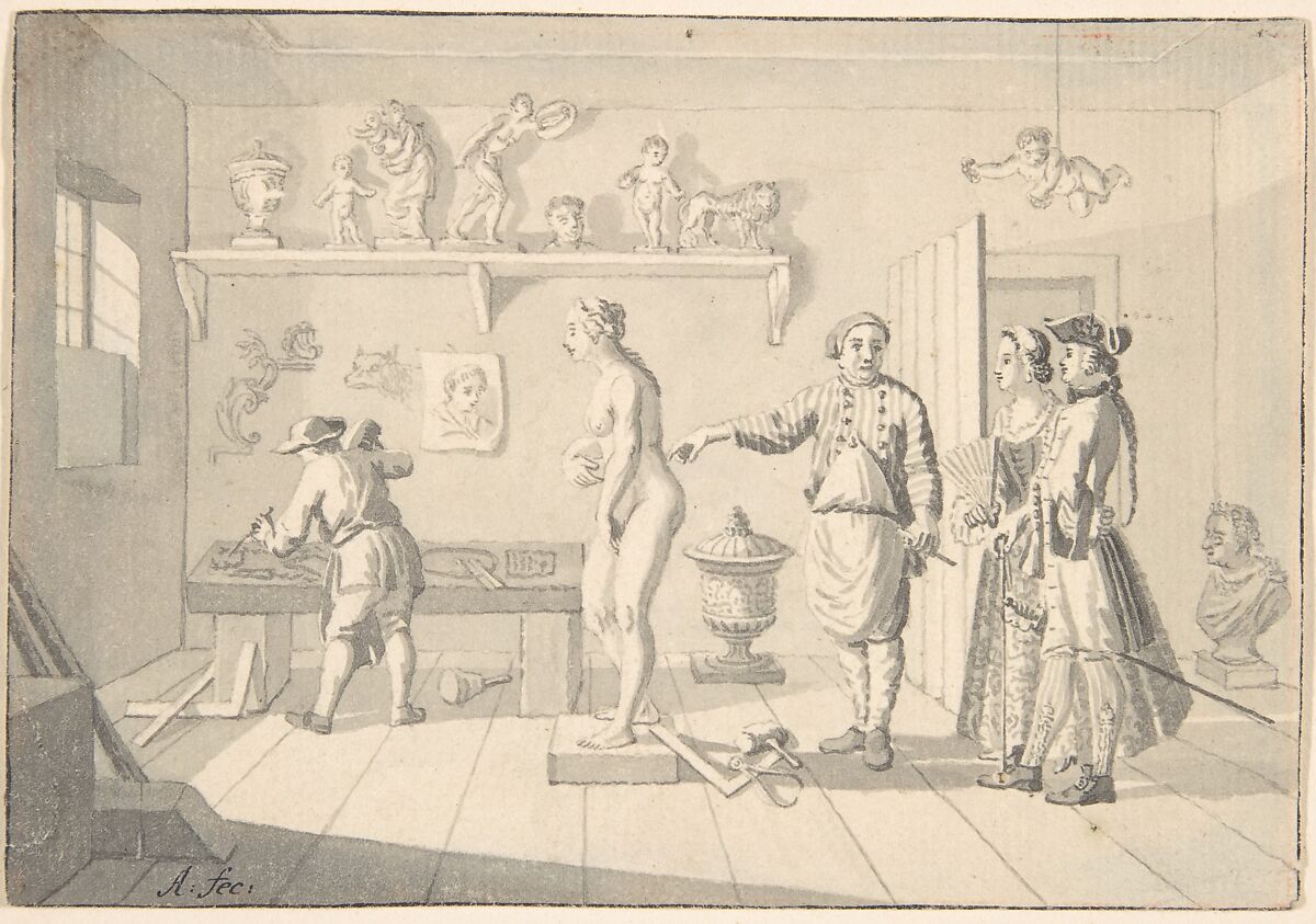 Sculptor Receiving Visitors in his Studio, Nicolaas Aartman (Dutch, Amsterdam 1713–1793 Amsterdam), Pen and black ink, brush and gray wash; framing lines in pen and black ink 