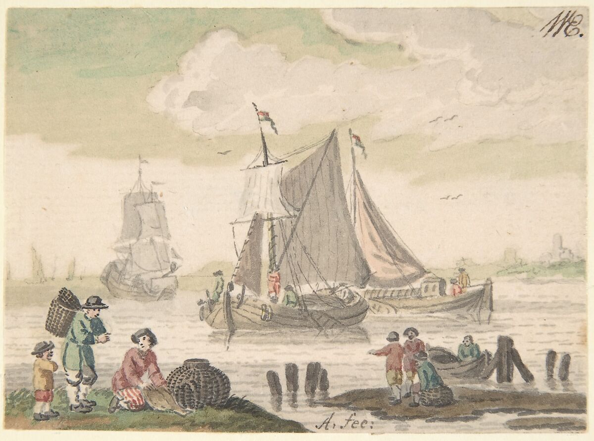 Seascape with Six Figures in the Foreground, Nicolaas Aartman (Dutch, Amsterdam 1713–1793 Amsterdam), Brush and gray and black ink, with watercolor, over traces of black chalk 