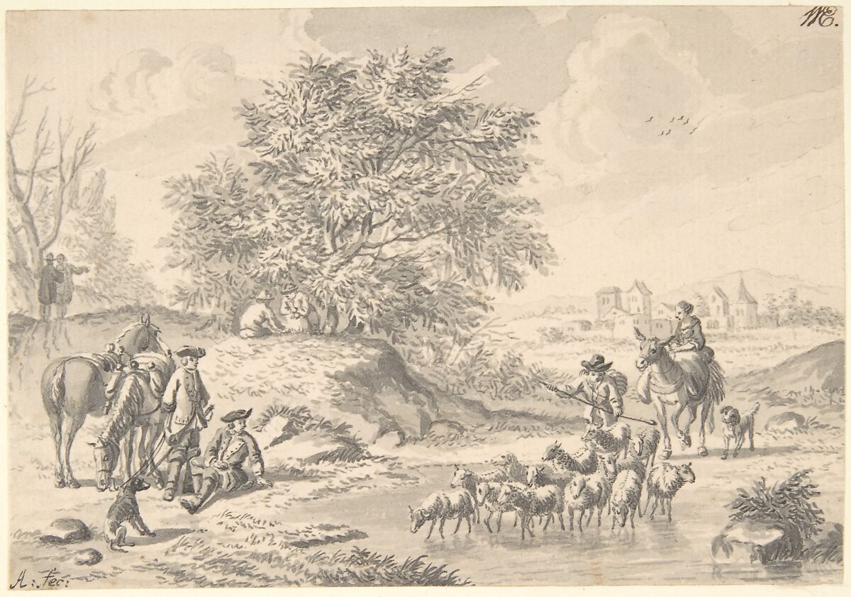Landscape with Resting Cavaliers and a Shepherd with his Flock, Nicolaas Aartman (Dutch, Amsterdam 1713–1793 Amsterdam), Pen and black ink, brush and gray wash over a sketch in black chalk 