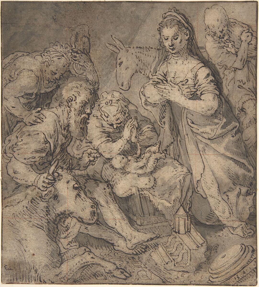 Adoration of the Shepherds, Joachim Beuckelaer (Netherlandish, Antwerp 1533–1575 Antwerp), pen and brown ink, gray wash on brown paper, squared in red chalk 