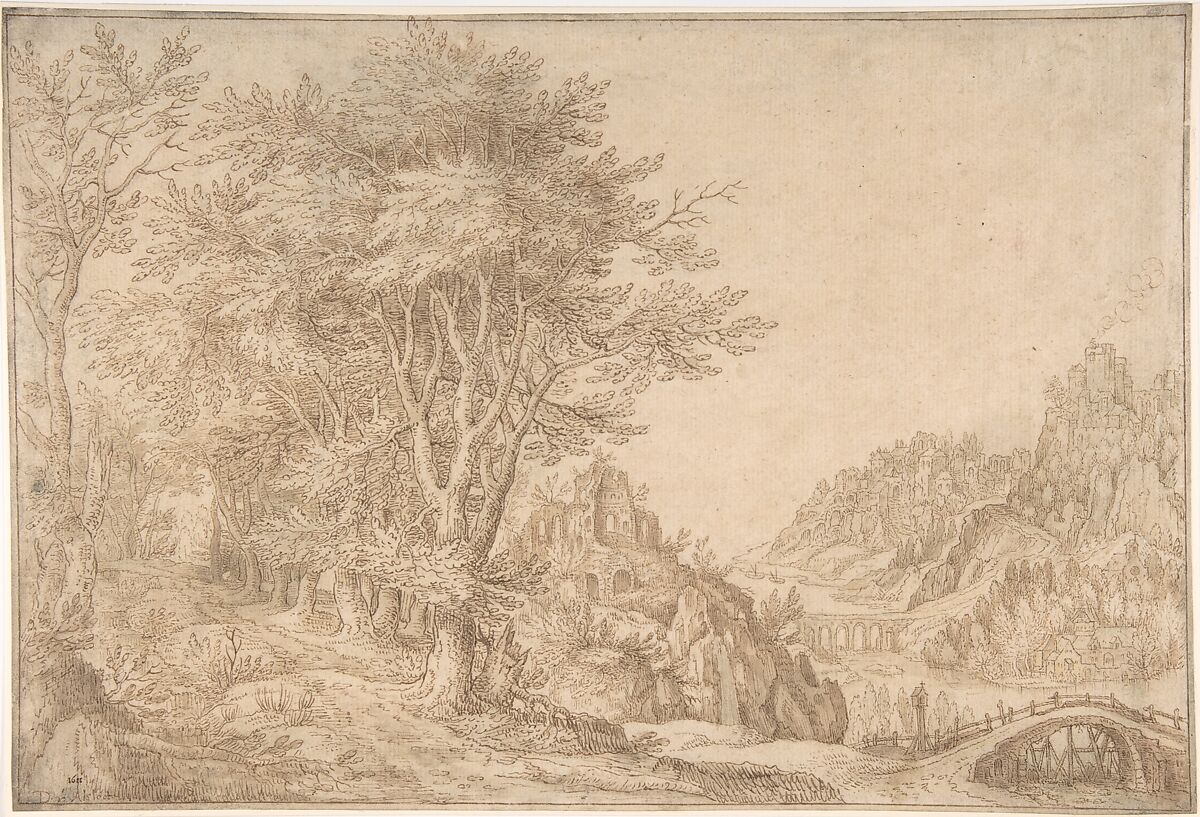 Wooded Landscape with a River, Castle, and Town Beyond, Denijs van Alsloot (Flemish, 1573–1626), Pen and brown ink, brush and brown wash, and some yellow, pink, and blue watercolor, over traces of black chalk 