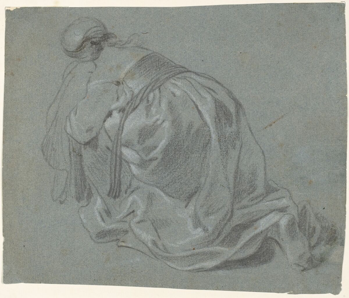 Weeping Woman Kneeling, Seen from Behind, Jacob Backer (Dutch, Harlingen 1608–1651 Amsterdam), Black chalk, heightened with white, on blue paper