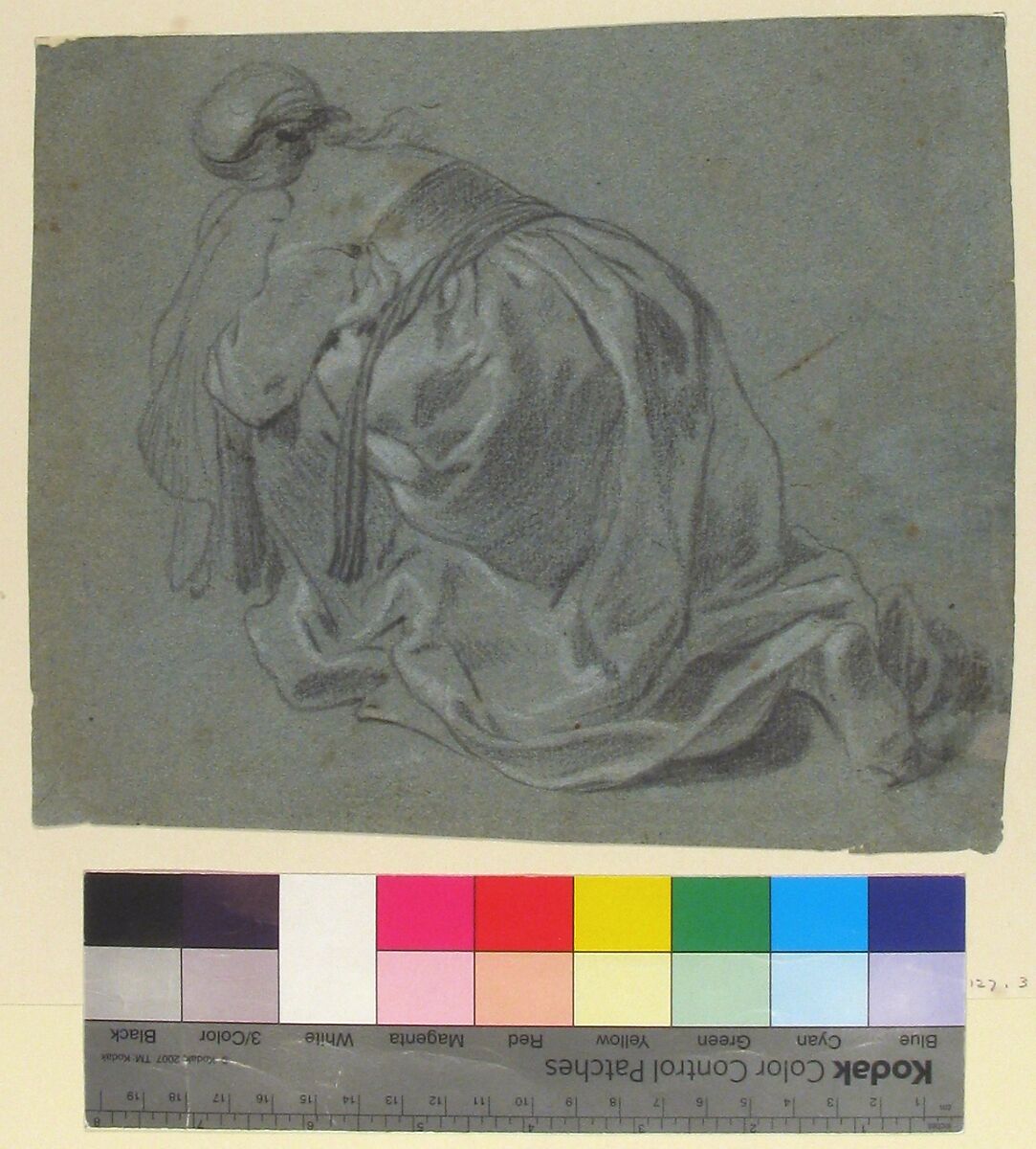 Weeping Woman Kneeling, Seen from Behind, Jacob Backer (Dutch, Harlingen 1608–1651 Amsterdam), Black chalk, heightened with white, on blue paper