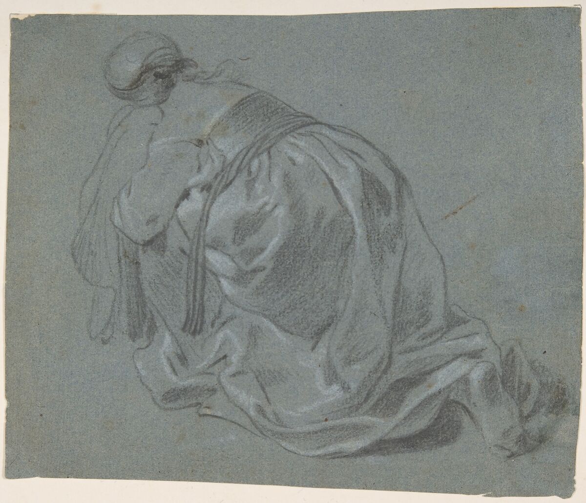 Weeping Woman Kneeling, Seen from Behind, Jacob Backer (Dutch, Harlingen 1608–1651 Amsterdam), Black chalk, heightened with white, on blue paper 