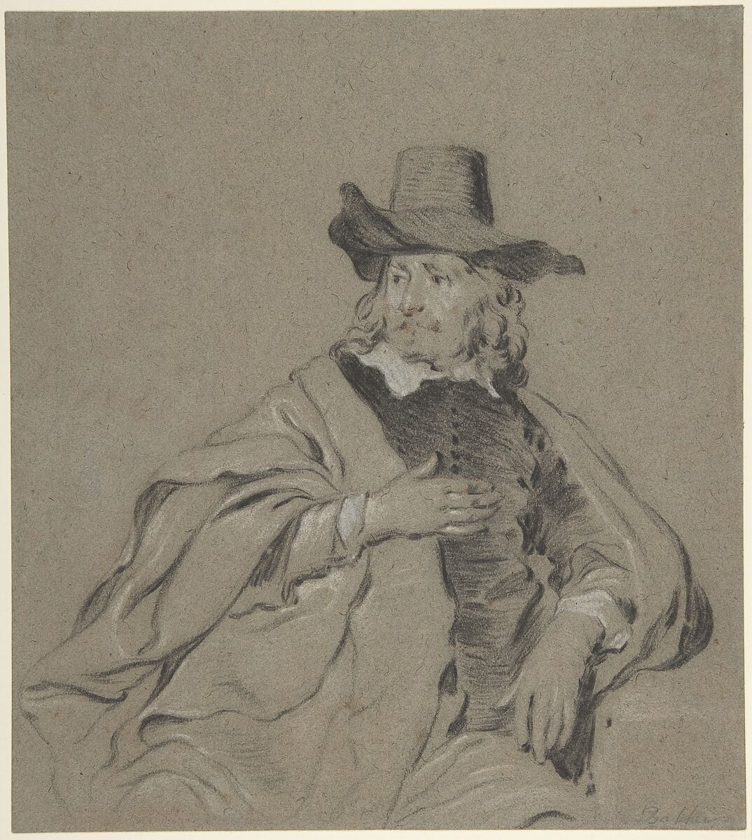 Portrait of a Man, Jacob Backer (Dutch, Harlingen 1608–1651 Amsterdam), Black chalk, heightened with white, with touches of red chalk, on blue paper (recto); pen and brown ink, brush and gray wash over black chalk (verso) 