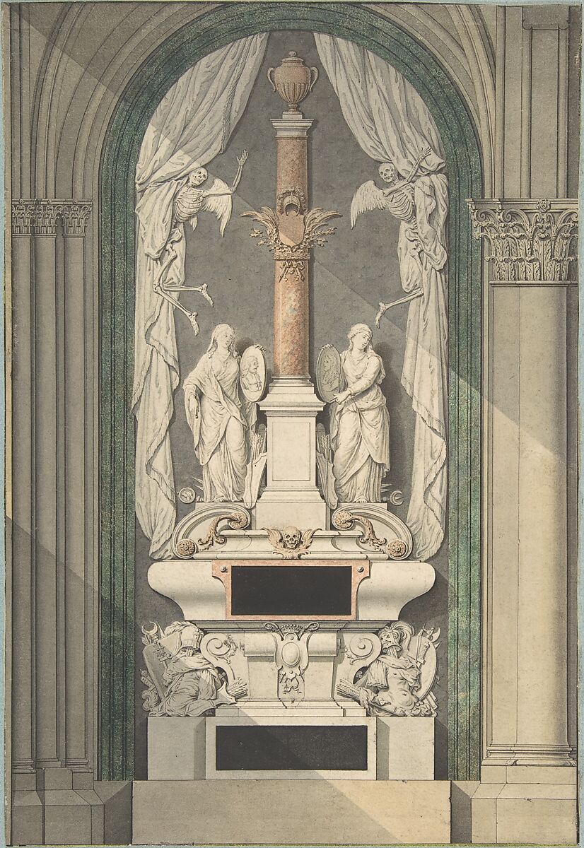 The Castellan Tomb in Saint Germain-des-Prés, Jean Chafourier (French, Paris 1679–1757 St. Germaine-en-Laye), Pen and black and gray ink, brush and black, beige, green, gray, and orange wash 