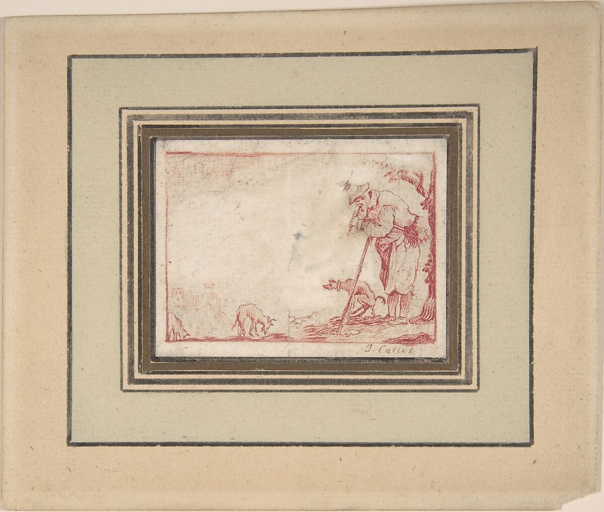A Beggar Playing a Flute, After Jacques Callot (French, Nancy 1592–1635 Nancy), Pen and red ink, graphite underdrawing 