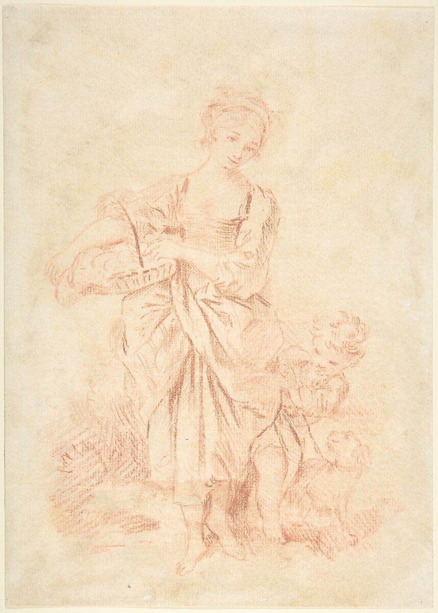 Young Girl with a Boy and a Dog, François Boucher (French, Paris 1703–1770 Paris), Red chalk. 