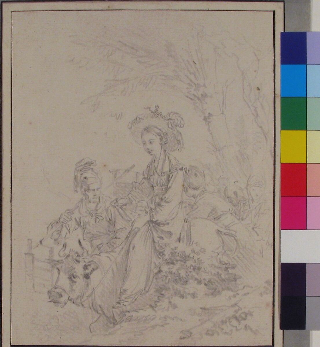 Peasant Girl Riding an Ox with Companions, François Boucher (French, Paris 1703–1770 Paris), Black chalk