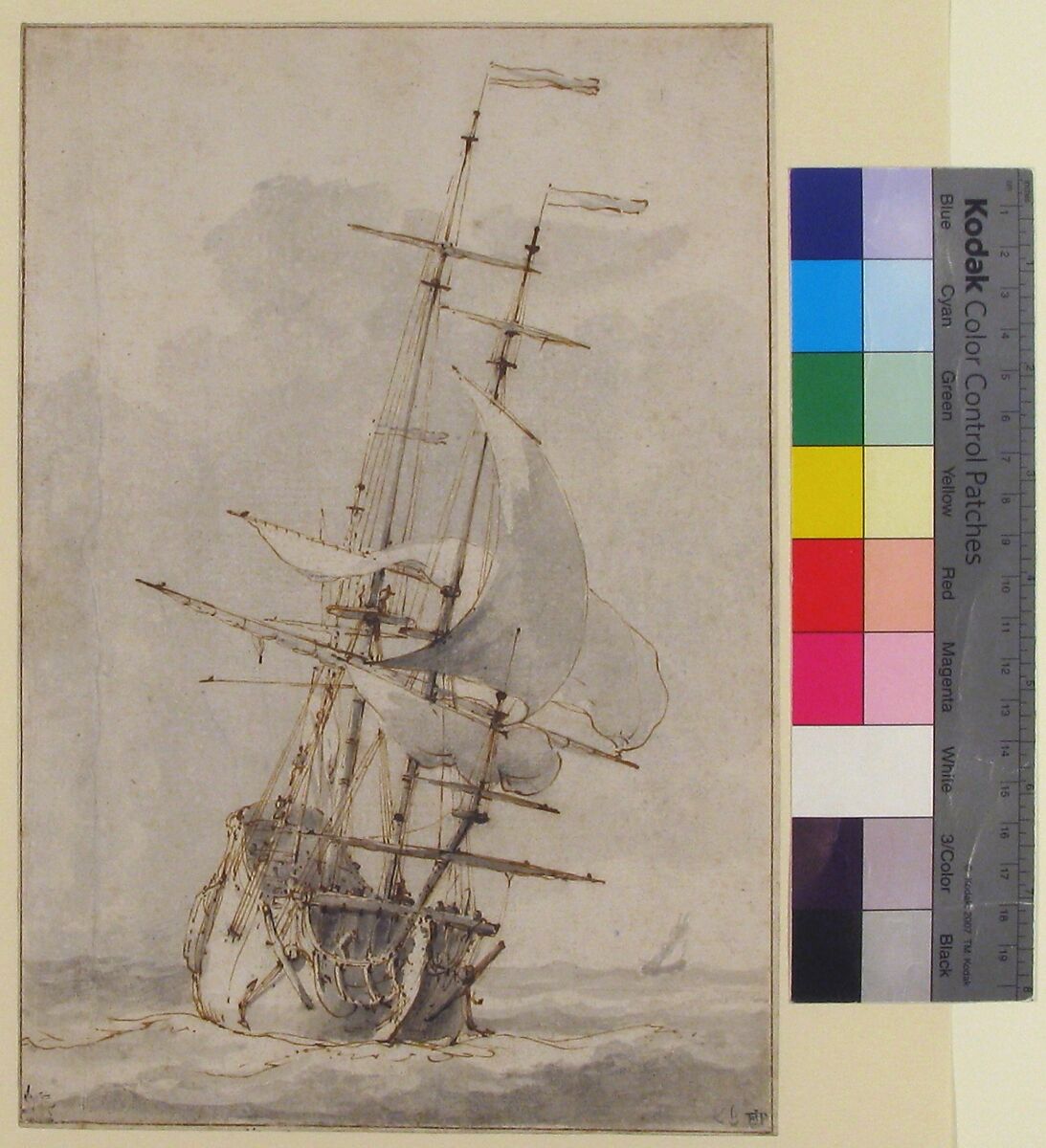 A Ship at Sea, Ludolf Backhuysen (Dutch, Emden 1630–1708 Amsterdam), Pen and brown ink, brush and gray wash, over traces of black chalk; framing lines in pen and brown ink