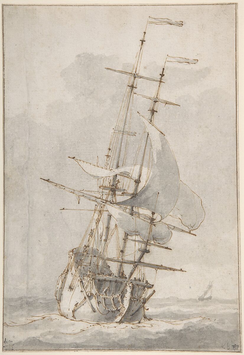 A Ship at Sea, Ludolf Backhuysen (Dutch, Emden 1630–1708 Amsterdam), Pen and brown ink, brush and gray wash, over traces of black chalk; framing lines in pen and brown ink 